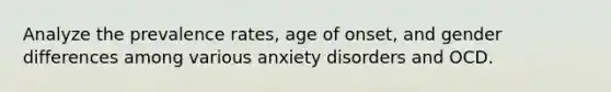 Analyze the prevalence rates, age of onset, and gender differences among various anxiety disorders and OCD.