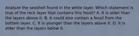 Analyze the seashell found in the white layer. Which statement is true of the rock layer that contains this fossil? A. It is older than the layers above it. B. It could also contain a fossil from the bottom layer. C. It is younger than the layers above it. D. It is older than the layers below it.