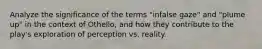 Analyze the significance of the terms "infalse gaze" and "plume up" in the context of Othello, and how they contribute to the play's exploration of perception vs. reality.