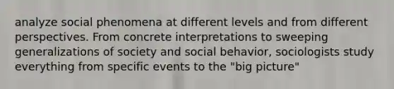 analyze social phenomena at different levels and from different perspectives. From concrete interpretations to sweeping generalizations of society and social behavior, sociologists study everything from specific events to the "big picture"