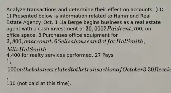 Analyze transactions and determine their effect on accounts. (LO 1) Presented below is information related to Hammond Real Estate Agency. Oct. 1 Lia Berge begins business as a real estate agent with a cash investment of 30,000 2 Paid rent,700, on office space. 3 Purchases office equipment for 2,800, on account. 6 Sells a house and lot for Hal Smith; bills Hal Smith4,400 for realty services performed. 27 Pays 1,100 on the balance related to the transaction of October 3. 30 Receives bill for October utilities,130 (not paid at this time).