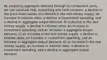 By analyzing aggregate demand through its component parts, we can conclude that, everything else held constant, a decline in the price level causes A) a decline in the real money supply, an increase in interest rates, a decline in investment spending, and a decline in aggregate output demand. B) a decline in the real money supply, a decline in interest rates, an increase in investment spending, and an increase in aggregate output demand. C) an increase in the real money supply, a decline in interest rates, an increase in investment spending, and an increase in aggregate output demand. D) an increase in the real money supply, an increase in interest rates, a decline in investment spending, and a decline in aggregate output demand.