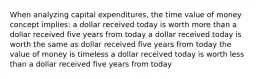 When analyzing capital expenditures, the time value of money concept implies: a dollar received today is worth more than a dollar received five years from today a dollar received today is worth the same as dollar received five years from today the value of money is timeless a dollar received today is worth less than a dollar received five years from today