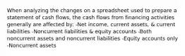 When analyzing the changes on a spreadsheet used to prepare a statement of cash flows, the cash flows from financing activities generally are affected by: -Net income, current assets, & current liabilities -Noncurrent liabilities & equity accounts -Both noncurrent assets and noncurrent liabilities -Equity accounts only -Noncurrent assets