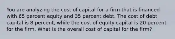 You are analyzing the cost of capital for a firm that is financed with 65 percent equity and 35 percent debt. The cost of debt capital is 8 percent, while the cost of equity capital is 20 percent for the firm. What is the overall cost of capital for the firm?