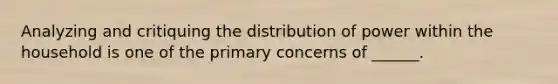 Analyzing and critiquing the distribution of power within the household is one of the primary concerns of ______.