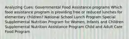 Analyzing Cues: Governmental Food Assistance programs​ Which food assistance program is providing free or reduced lunches for elementary children?​ National School Lunch Program Special Supplemental Nutrition Program for Women, Infants and Children​ Supplemental Nutrition Assistance Program Child and Adult Care Food Program​