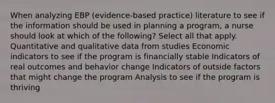 When analyzing EBP (evidence-based practice) literature to see if the information should be used in planning a program, a nurse should look at which of the following? Select all that apply. Quantitative and qualitative data from studies Economic indicators to see if the program is financially stable Indicators of real outcomes and behavior change Indicators of outside factors that might change the program Analysis to see if the program is thriving