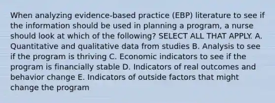 When analyzing evidence-based practice (EBP) literature to see if the information should be used in planning a program, a nurse should look at which of the following? SELECT ALL THAT APPLY. A. Quantitative and qualitative data from studies B. Analysis to see if the program is thriving C. Economic indicators to see if the program is financially stable D. Indicators of real outcomes and behavior change E. Indicators of outside factors that might change the program