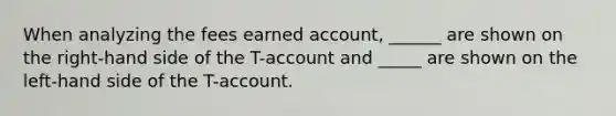 When analyzing the fees earned account, ______ are shown on the right-hand side of the T-account and _____ are shown on the left-hand side of the T-account.