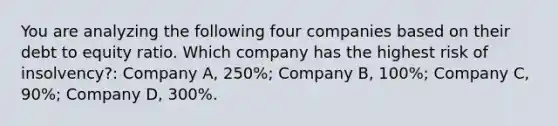 You are analyzing the following four companies based on their debt to equity ratio. Which company has the highest risk of insolvency?: Company A, 250%; Company B, 100%; Company C, 90%; Company D, 300%.