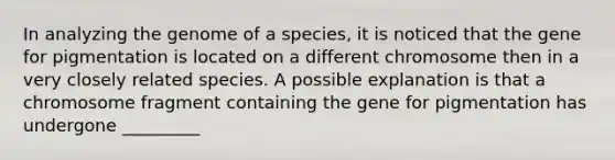 In analyzing the genome of a species, it is noticed that the gene for pigmentation is located on a different chromosome then in a very closely related species. A possible explanation is that a chromosome fragment containing the gene for pigmentation has undergone _________