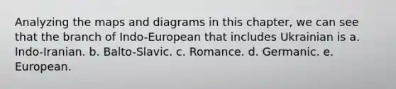 Analyzing the maps and diagrams in this chapter, we can see that the branch of Indo-European that includes Ukrainian is a. Indo-Iranian. b. Balto-Slavic. c. Romance. d. Germanic. e. European.