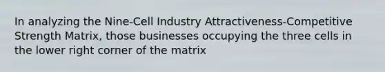 In analyzing the Nine-Cell Industry Attractiveness-Competitive Strength Matrix, those businesses occupying the three cells in the lower right corner of the matrix