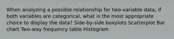 When analyzing a possible relationship for two-variable data, if both variables are categorical, what is the most appropriate choice to display the data? Side-by-side boxplots Scatterplot Bar chart Two-way frequency table Histogram