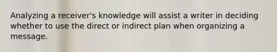 Analyzing a receiver's knowledge will assist a writer in deciding whether to use the direct or indirect plan when organizing a message.