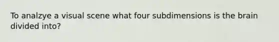 To analzye a visual scene what four subdimensions is the brain divided into?