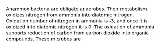 Anammox bacteria are obligate anaerobes. Their metabolism oxidizes nitrogen from ammonia into diatomic nitrogen. Oxidation number of nitrogen in ammonia is -3, and once it is oxidized into diatomic nitrogen it is 0. The oxidation of ammonia supports reduction of carbon from carbon dioxide into organic compounds. These microbes are