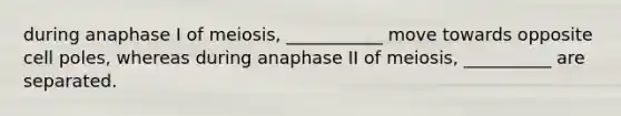 during anaphase I of meiosis, ___________ move towards opposite cell poles, whereas during anaphase II of meiosis, __________ are separated.