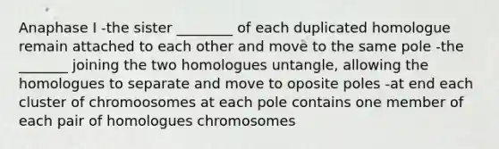 Anaphase I -the sister ________ of each duplicated homologue remain attached to each other and move to the same pole -the _______ joining the two homologues untangle, allowing the homologues to separate and move to oposite poles -at end each cluster of chromoosomes at each pole contains one member of each pair of homologues chromosomes