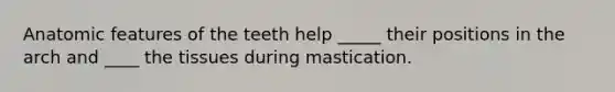 Anatomic features of the teeth help _____ their positions in the arch and ____ the tissues during mastication.