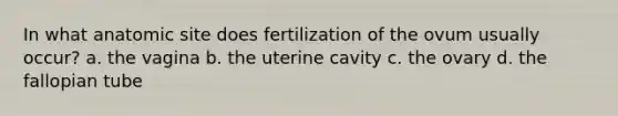 In what anatomic site does fertilization of the ovum usually occur? a. the vagina b. the uterine cavity c. the ovary d. the fallopian tube