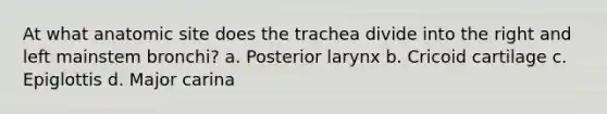 At what anatomic site does the trachea divide into the right and left mainstem bronchi? a. Posterior larynx b. Cricoid cartilage c. Epiglottis d. Major carina