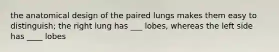 the anatomical design of the paired lungs makes them easy to distinguish; the right lung has ___ lobes, whereas the left side has ____ lobes