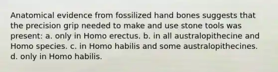 Anatomical evidence from fossilized hand bones suggests that the precision grip needed to make and use stone tools was present: a. only in Homo erectus. b. in all australopithecine and Homo species. c. in Homo habilis and some australopithecines. d. only in Homo habilis.