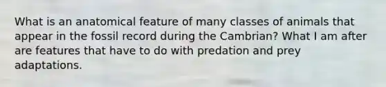 What is an anatomical feature of many classes of animals that appear in the fossil record during the Cambrian? What I am after are features that have to do with predation and prey adaptations.