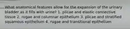 What anatomical features allow for the expansion of the urinary bladder as it fills with urine? 1. plicae and elastic connective tissue 2. rugae and columnar epithelium 3. plicae and stratified squamous epithelium 4. rugae and transitional epithelium