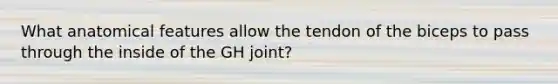 What anatomical features allow the tendon of the biceps to pass through the inside of the GH joint?