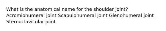 What is the anatomical name for the shoulder joint?Acromiohumeral joint Scapulohumeral joint Glenohumeral joint Sternoclavicular joint