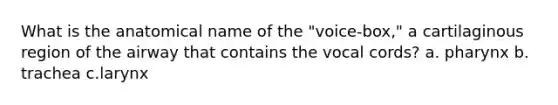 What is the anatomical name of the "voice-box," a cartilaginous region of the airway that contains the vocal cords? a. pharynx b. trachea c.larynx