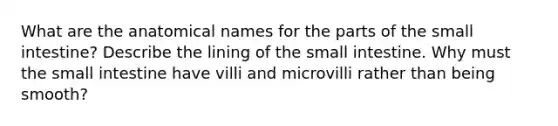 What are the anatomical names for the parts of the small intestine? Describe the lining of the small intestine. Why must the small intestine have villi and microvilli rather than being smooth?