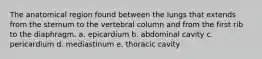 The anatomical region found between the lungs that extends from the sternum to the vertebral column and from the first rib to the diaphragm. a. epicardium b. abdominal cavity c. pericardium d. mediastinum e. thoracic cavity