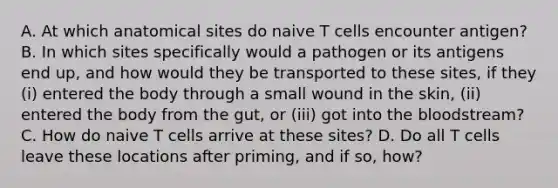 A. At which anatomical sites do naive T cells encounter antigen? B. In which sites specifically would a pathogen or its antigens end up, and how would they be transported to these sites, if they (i) entered the body through a small wound in the skin, (ii) entered the body from the gut, or (iii) got into the bloodstream? C. How do naive T cells arrive at these sites? D. Do all T cells leave these locations after priming, and if so, how?