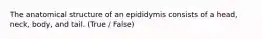 The anatomical structure of an epididymis consists of a head, neck, body, and tail. (True / False)