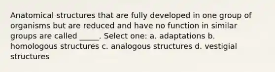 Anatomical structures that are fully developed in one group of organisms but are reduced and have no function in similar groups are called _____. Select one: a. adaptations b. homologous structures c. analogous structures d. vestigial structures