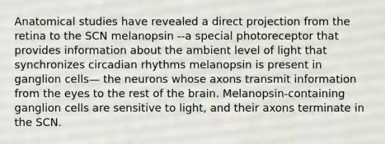 Anatomical studies have revealed a direct projection from the retina to the SCN melanopsin --a special photoreceptor that provides information about the ambient level of light that synchronizes <a href='https://www.questionai.com/knowledge/k8XAG3VjEz-circadian-rhythms' class='anchor-knowledge'>circadian rhythms</a> melanopsin is present in ganglion cells— the neurons whose axons transmit information from the eyes to the rest of <a href='https://www.questionai.com/knowledge/kLMtJeqKp6-the-brain' class='anchor-knowledge'>the brain</a>. Melanopsin-containing ganglion cells are sensitive to light, and their axons terminate in the SCN.