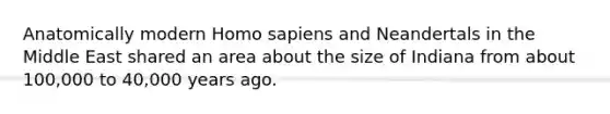 Anatomically modern Homo sapiens and Neandertals in the Middle East shared an area about the size of Indiana from about 100,000 to 40,000 years ago.