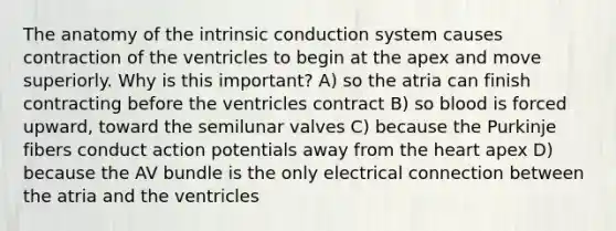 The anatomy of the intrinsic conduction system causes contraction of the ventricles to begin at the apex and move superiorly. Why is this important? A) so the atria can finish contracting before the ventricles contract B) so blood is forced upward, toward the semilunar valves C) because the Purkinje fibers conduct action potentials away from the heart apex D) because the AV bundle is the only electrical connection between the atria and the ventricles