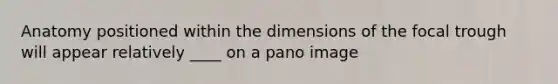 Anatomy positioned within the dimensions of the focal trough will appear relatively ____ on a pano image