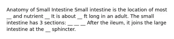 Anatomy of Small Intestine Small intestine is the location of most __ and nutrient __ It is about __ ft long in an adult. The small intestine has 3 sections: __ __ __ After the ileum, it joins the large intestine at the __ sphincter.