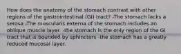 How does the anatomy of the stomach contrast with other regions of the gastrointestinal (GI) tract? -The stomach lacks a serosa -The muscularis externa of the stomach includes an oblique muscle layer. -the stomach is the only region of the GI tract that is bounded by sphincters -the stomach has a greatly reduced mucosal layer.