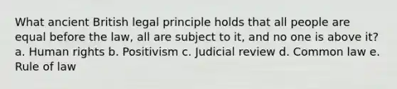 What ancient British legal principle holds that all people are equal before the law, all are subject to it, and no one is above it? a. Human rights b. Positivism c. Judicial review d. Common law e. Rule of law