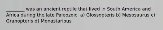 ________ was an ancient reptile that lived in South America and Africa during the late Paleozoic. a) Glossopteris b) Mesosaurus c) Granopteris d) Monastarious