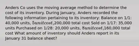 Anders Co uses the moving average method to determine the cost of its inventory. During January, Anders recorded the following information pertaining to its inventory: Balance on 1/1: 40,000 units, 5 unit cost,200,000 total cost Sold on 1/17: 35,000 units Purchased on 1/28: 20,000 units, 8 unit cost,160,000 total cost What amount of inventory should Anders report in its January 31 balance sheet?