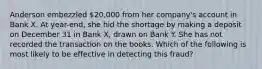 Anderson embezzled 20,000 from her company's account in Bank X. At year-end, she hid the shortage by making a deposit on December 31 in Bank X, drawn on Bank Y. She has not recorded the transaction on the books. Which of the following is most likely to be effective in detecting this fraud?