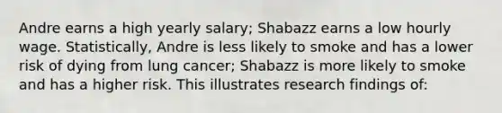 Andre earns a high yearly salary; Shabazz earns a low hourly wage. Statistically, Andre is less likely to smoke and has a lower risk of dying from lung cancer; Shabazz is more likely to smoke and has a higher risk. This illustrates research findings of: